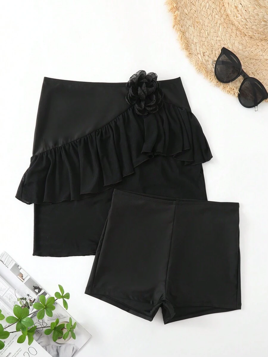 SHEIN Swim 女士纯色 3D 花朵装饰泳裤，带荷叶边，2 件套，海滩度假风格夏季