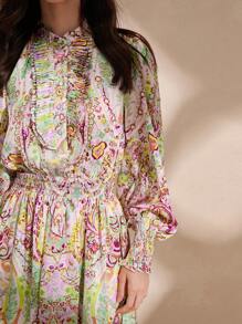 Anewsta 女式腰帶褶皺蕾絲腰彩色襯衫袖假日連衣裙，長袖款 - 彩色 - 查看 2