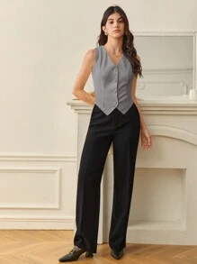 SHEIN Tall Ladies' Solid Color Sleeveless Blazer With Single Breasted, Everyday Wear