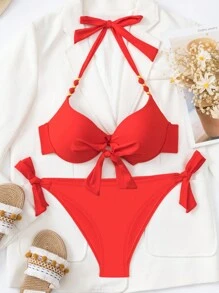 Swim Vcay Set de 2 bikinis con diseño floral, copa acolchada y estilo halter para el verano