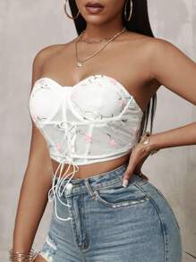 Zolique Top de corsé bordado en 3D con flores y tirantes - Blanco - Ver 3