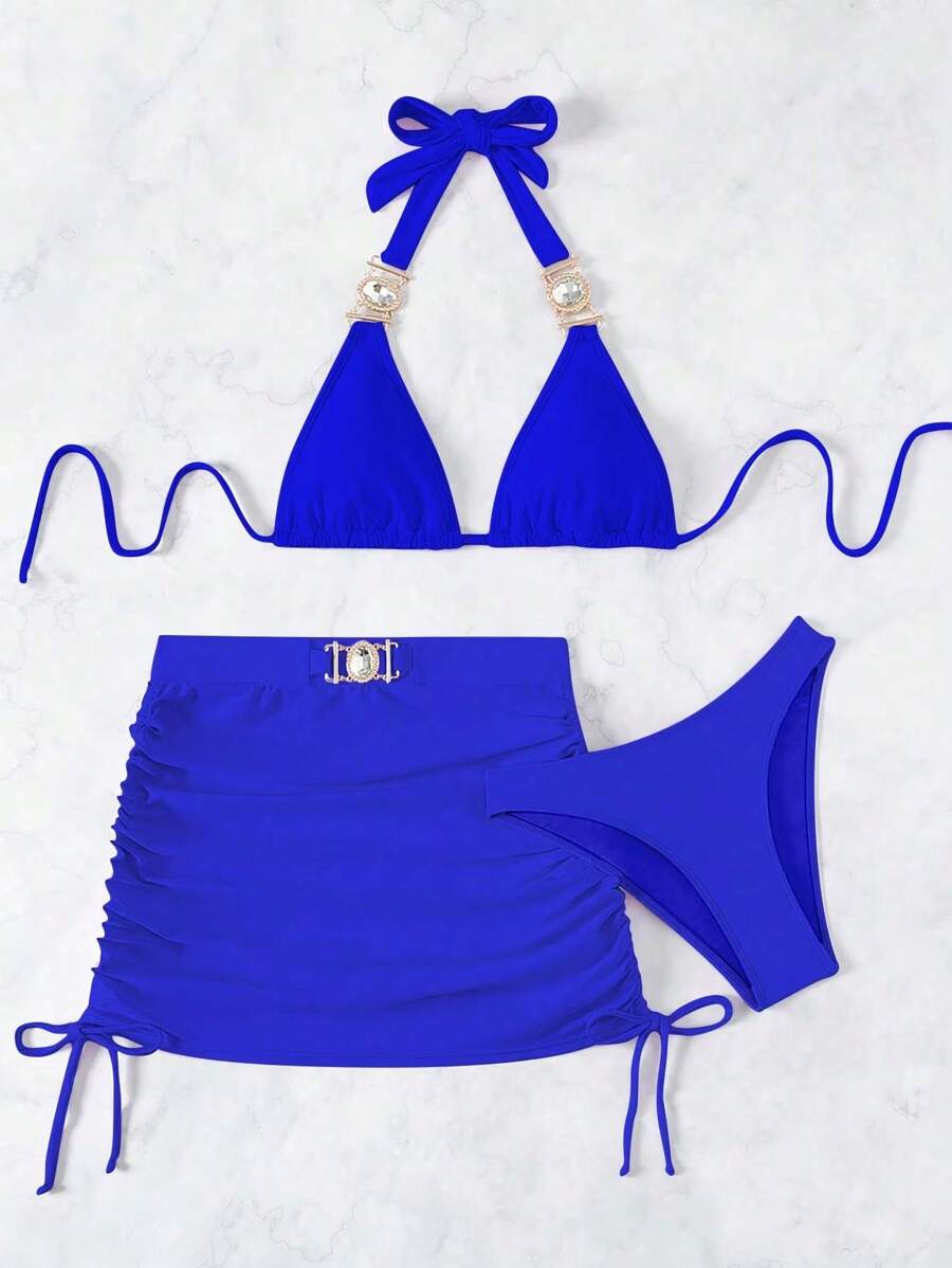 SHEIN Swim Women's Solid Color Halter Strap Sexy Bikini Set, Cover Up Skirt, 3pcs,Summer Beach - Royal Blue - View 1
