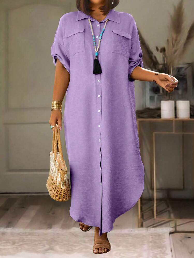 大尺碼假日休閒純色捲袖前扣長襯衫裙 - 紫色 - 查看 1