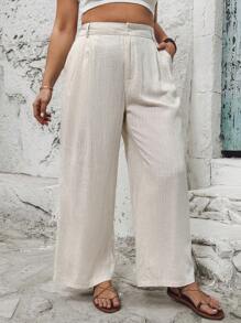 SHEIN VCAY Plus Size Holiday Apricot Linen Pocketed Women's Summer Long Pants - Apricot - View 4