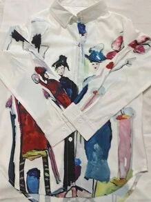 春秋季休闲长袖衬衫，图案印花单扣翻领衬衫，女士服装，长袖上衣