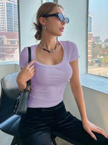 DAZY 女款夏季純色修身圓領短袖T恤外出上衣 - 紫丁香色 - 查看 5