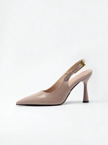 Women's Pointed Toe High Heel Fashion Button Decor Patent Leather Pumps,Elegant - Beige - View 7