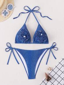 SHEIN Swim Summer Women's Vacation Wear Halter Neck Floral Decor Two-Piece Bikini Set - Blue - View 1