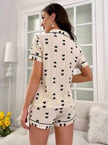 Contrast Trim Heart Patterned Short Sleeve Top And Shorts Pajama Set For Summer Home Wear - Beige - View 2