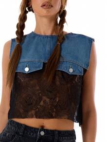 MUSERA Summer Fashion Contrast Lace Cropped Tank Top Festival Boho Holiday Spring - Multicolor - View 1