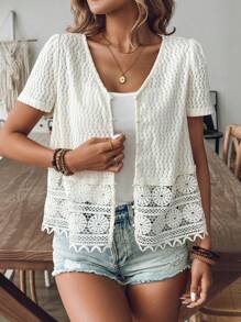 SHEIN Frenchy Apricot Patchwork Lace Cardigan Smock, Loose And Comfortable, Suitable For Daily, Outing, Holiday Wear