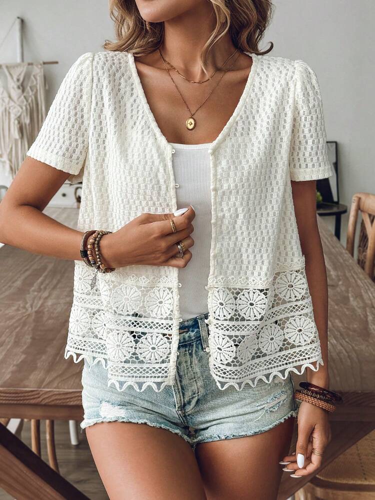 Apricot Patchwork Lace Cardigan Smock, Loose And Comfortable, Suitable For Daily, Outing, Holiday Wear Summer Casual