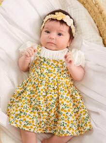 SHEIN Newborn Baby Girl Cute And Sweet Puff Short Sleeve Plain Top + Floral Suspender Skirt Set Suitable For Summer - Yellow - View 3