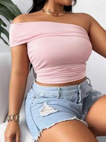 Calvaya Sommerliche Damen Große Größen einfarbige One-Shoulder-Crop-Slim-Top mit Falten