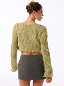 MUSERA Solid Knitted Tie Front Crop Cardigan - Yellow - View 2