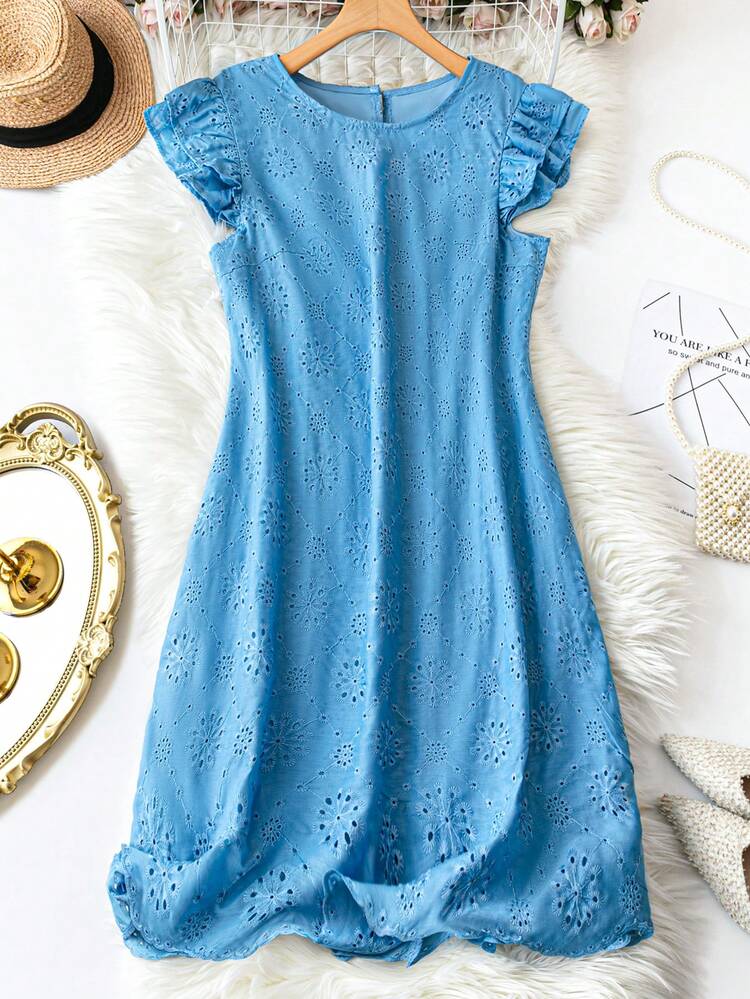 Plus Size Solid Color Round Neck Hollow Out Embroidery Sleeveless Dress For Summer