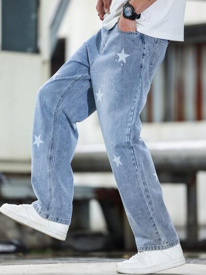 Manfinity Homme Men's Casual Straight-Leg Jeans With Contrast Star Print, Long Straight Leg Light Blue Embroidered Cargo Jeans Light Jeans, For Husband, Boyfriend Gifts Going Out Hang Out Commute Vacation Street