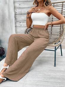 EMERY ROSE Quần ống rộng lưng thun màu trơn có túi để mặc thường ngày cho nữ - Màu Khaki - Xem 5