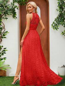 Sleeveless White Lace Dress With Halter Neckline, Cinched Waist, Ideal For Wedding Or Formal Occasions - Red - View 2