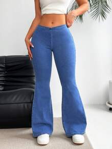 SHEIN EZwear 女士休閒修身喇叭牛仔褲 - 藍色 - 查看 5