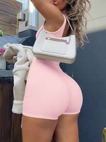 Mystra纯色无袖紧身连体裤，夏季休闲舒适，粉色优雅 - 粉色 - 查看 5