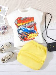 年輕女孩夏季涼爽運動休閒T恤和褶皺裙2件組合套裝 - 黃色 - 查看 1