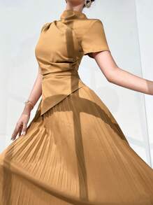 Modelyn Đầm cổ đứng tay ngắn màu trơn thời trang cho nữ - Màu Khaki - Xem 9