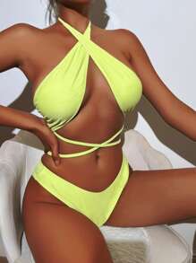 Swim SXY Women's Solid Color Halter Cutout Bikini Set With Neck Straps, Sexy Two-Piece Bikini Set For Vacation Summer Beach