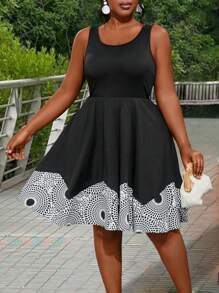 Maweii Plus Size Women Geometric Printed Sleeveless Casual Dress With Round Neckline, Summer