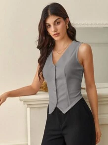 SHEIN Tall Ladies' Solid Color Sleeveless Blazer With Single Breasted, Everyday Wear