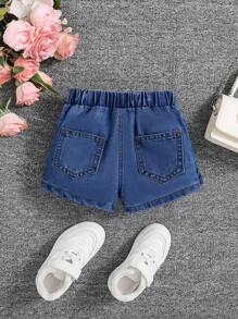 Bé Gái Xuân Hè Boho Dễ Thương Xù Viền Quấn Lưng Thun Mềm Mại Thoải Mái Denim Skorts Quần Short Jean - Rửa tối - Xem 2