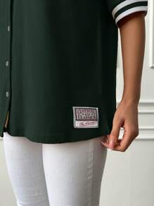 EURMUSE 字母圖案條紋飾邊落肩袖棒球球衣 - 墨綠色 - 查看 6