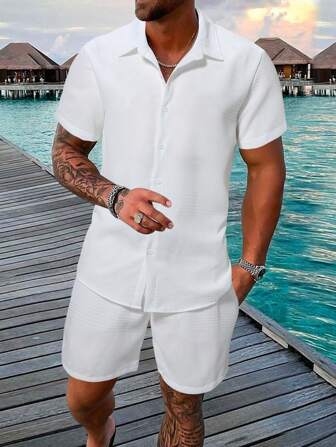 Manfinity Homme Ensemble de 2 pièces pour homme comprenant une chemise à manches courtes de loisirs de vacances de couleur unie et un short