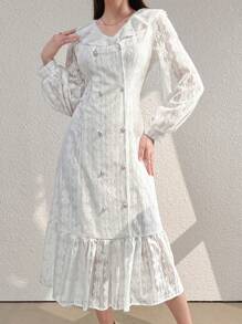 Modelyn 女士襯衫領雙排釦休閒長袖連衣裙，帶襯邊裝飾 - 白色 - 查看 3