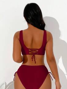 SHEIN Swim Ensemble bikini croisé unicolore pour femmes pour plage et été, ensemble bikini sexy pour les vacances - Rouge foncé - Voir 2