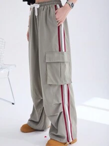 SHEIN Coolane Y2K Cargo Pants Women Fashion Wide Leg Casual Pants Loose Striped Sports Sweatpants Drawstring Parachute Pantsh Trousers - Green - View 6