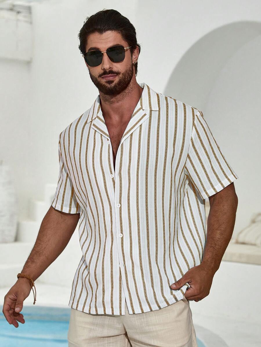 Manfinity RSRT Men's Summer Striped Print Short Sleeve Casual Shirt - Khaki - View 1