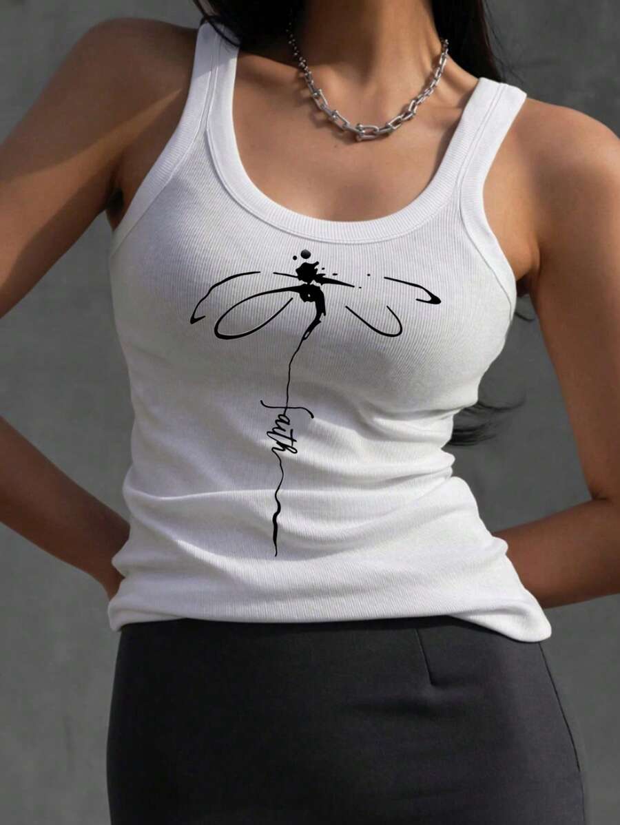 SHEIN Unity Dragonfly Letter Printed Slim Fit Tank Top For Summer - White - View 1