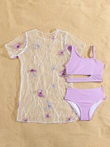 Young Girl Swimwear Set, Printed Pattern Randomly - Mauve Purple - View 5
