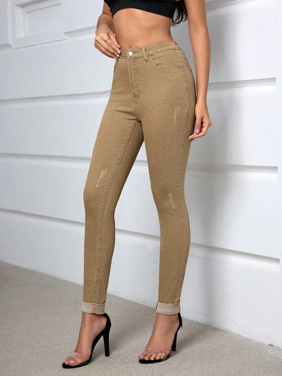 SHEIN EZwear SpringHigh Waist Ripped Skinny Jeans - Coffee Brown - View 1