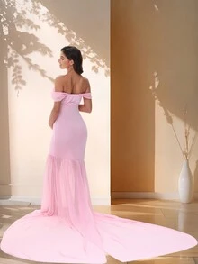 Maternity Chiffon Dress With Flowy Hem, Perfect For Photoshoot - Pink - View 2