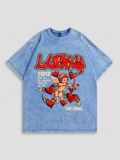 ROMWE MEN Street Life Camiseta de Manga Curta com Lavagem Ácida e Estampa de Anjinho para Homens, Adequada para Uso Diário, Primavera e Verão, Escola