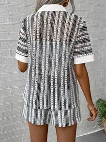 Breezaya Conjunto de mujer de blusa tejida de manga corta simple y pantalones cortos casuales, uso diario