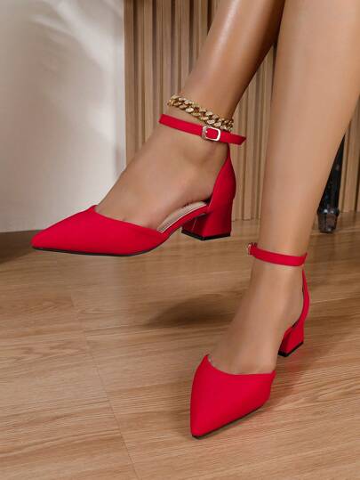 Women's Red High Heel Shoes, Thick Heel, Pointed Toe Sandals, Mules, Wedges, Autumn/Winter Boots