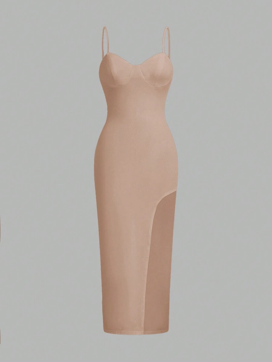 Slaydiva Sukienka damska na festiwal muzyczny/plażę/randkę/wakacje, seksowna, swobodna, biała, z ramiączkami typu spaghetti i wysokim rozcięciem - Kolor khaki - Zobacz 1