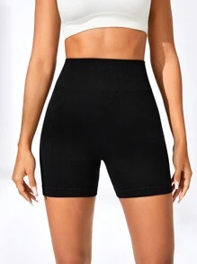 Gameset SHEIN Sport Women's Solid Color High Waisted Casual Sports Shorts For Daily Wear Booty Shorts - Black - View 2