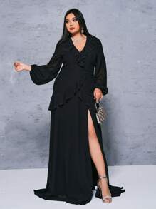 seomiscky Plus Size Women's Fashionable V-Neck Dress With Ruffle Hem And Side Split Elegant Long Sleeve Prom Semi Formal Wedding Guest Dress, For Birthday, Graduation, Homecoming