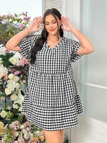 SHEIN EZwear 女裝加大尺碼鬆身黑白格紋層次短袖蛋糕裙 - 黑與白 - 查看 4