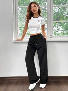 SHEIN EZwear 夏季家居運動黑色寬腿寬鬆運動長褲 - 黑色 - 查看 3