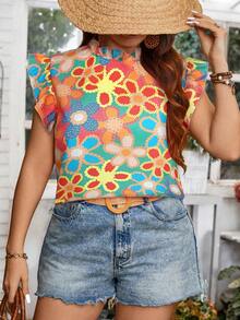 SHEIN Holidaya Áo sơ mi có viền xếp nếp in hoa thông thường dành cho ngày lễ cỡ lớn - Màu xanh ngọc - Xem 3